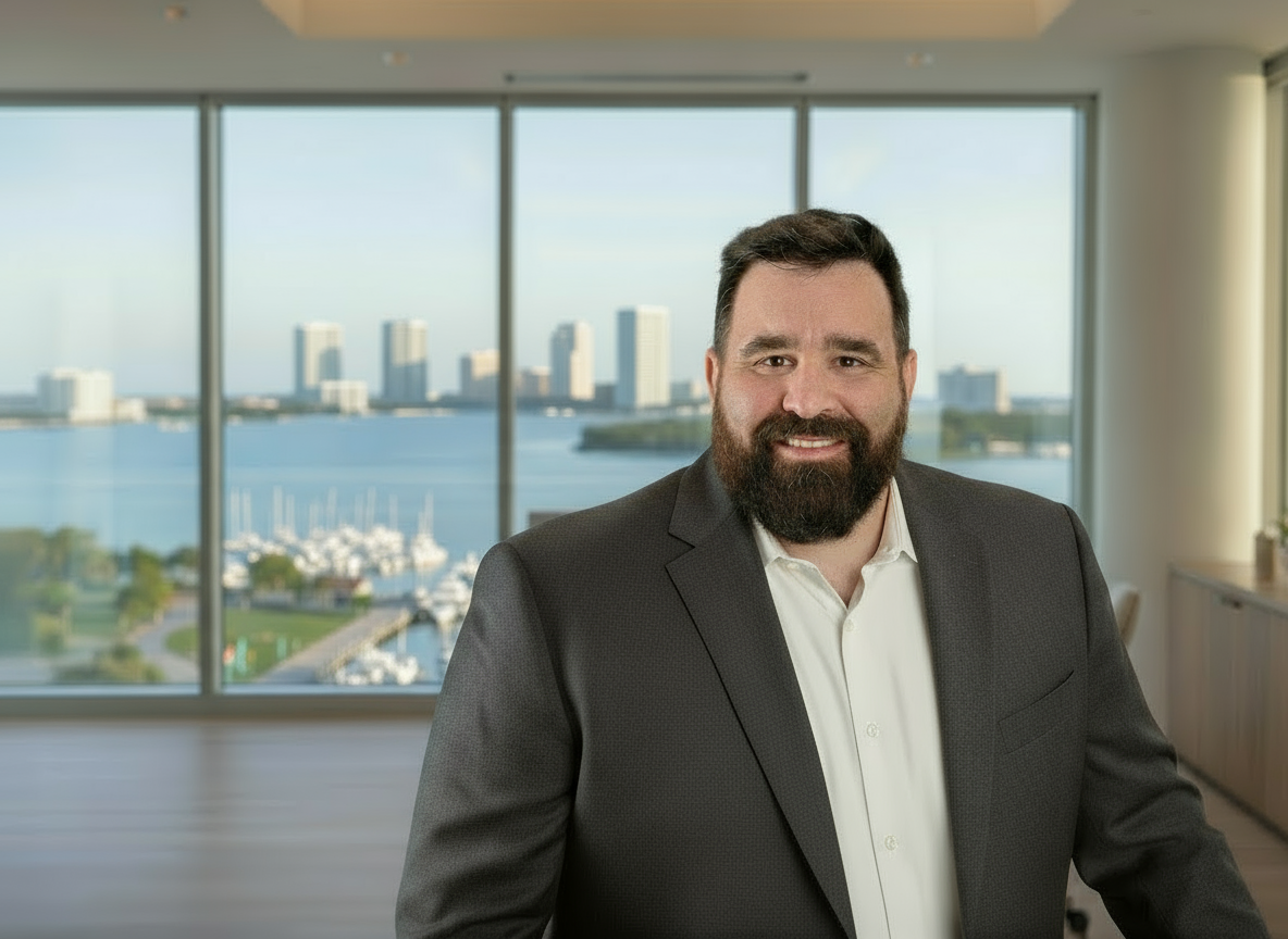 Sean Tennant in front of the St. Petersburg waterfront